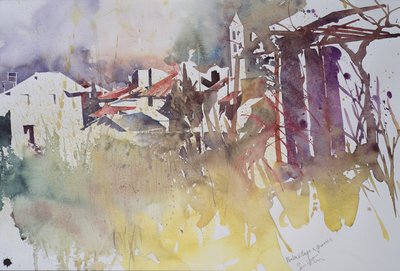 Zimní vesnice a trávy, Francie, 2008 (akvarel) od Simon Fletcher