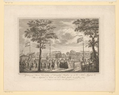 Rozloučení s Willem V a jeho manželkou na Buiten Amstel, 1768 Sbohem jejich klidné a královské výsosti den Ed: Achtb: Magistrát města Amsteldam a odjezd den Buiten Amstel, 4. června 1768 (název na předmětu) obraz od Simon Fokke