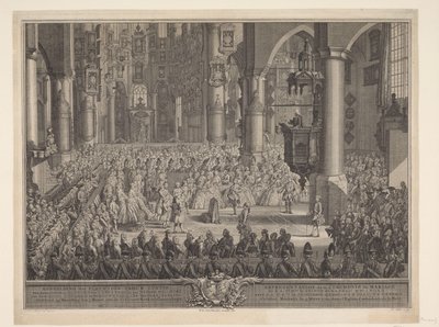 Sňatek Karla Christiana van Nassau-Weilburga s princeznou Karolínou, 1760 Vyobrazení slavnostního svatebního obřadu (...) prince van Nassau Weilburg s (...) Carolina van Oranje & Nassau se konalo ve středu 5. března 1760 v Groote Kerk v G. od Simon Fokke
