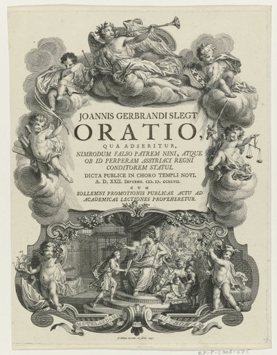 Minerva lauwert een jongeman met bul Název stránky: J.G. Slegt, Orace, ve které se tvrdí, že Nimrod je falešně otcem Niny (...), 1747 od Simon Fokke
