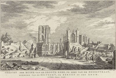 Zřícenina velkého kostela Bergen op Zoom, 1748 Pohled na ruiny Groote Kerk, při pohledu z Hoogstraat, přicházející z Bospoortu, v Bergen op den Zoom (název na objektu) Deset tváří ruin po obléhání a zničení Bergenu op Z od Simon Fokke