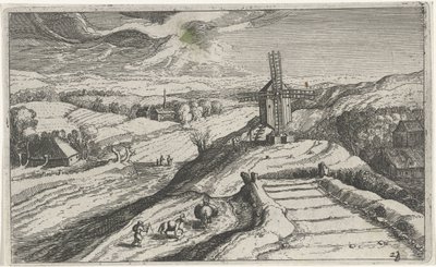 Kopcovitá krajina s větrným mlýnem Různé krajiny (název série) Topographia variarum regionum (název série) od Simon Frisius (attributed to)