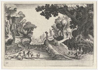 Lesní krajina s křížem podél cesty Jihoevropské krajiny (název série) Topographia variarum regionum (název série) od Simon Frisius
