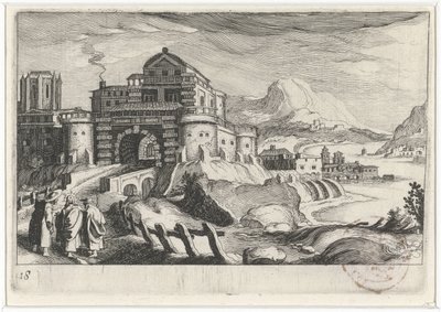 Emmäusové před městskou bránou v horské krajině Jihoevropské krajiny (název série) Topographia variarum regionum (název série) od Simon Frisius