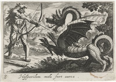 Herkules zabije draka Ladona Hesperidum mala fert aurea (název na objektu) Herkulovská témata (název série) od Simon Frisius