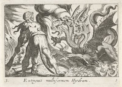 Herkules bojuje s hydrou Lerny Uhasit multiformní Hydram (název na objektu) Herkulovská témata (název série) od Simon Frisius