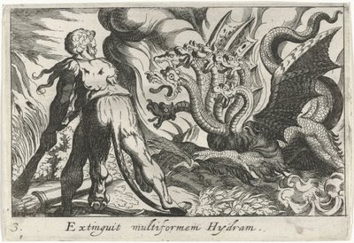 Herkules bojuje s hydrou Lerny Uhasit multiformní Hydram (název na objektu) Herkulovská témata (název série) od Simon Frisius