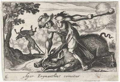 Hercules zajme prase Erymanthus Aper Erymanthius evincitur (název na objektu) Herkulovská témata (název série) od Simon Frisius
