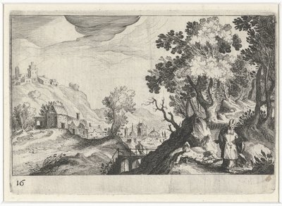Kopcovitá krajina s milosrdným Samaritánem Jihoevropské krajiny (název série) Topographia variarum regionum (název série) od Simon Frisius