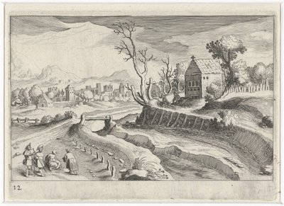 Kopcovitá krajina s kaplí Jihoevropské krajiny (název série) Topographia variarum regionum (název série) od Simon Frisius