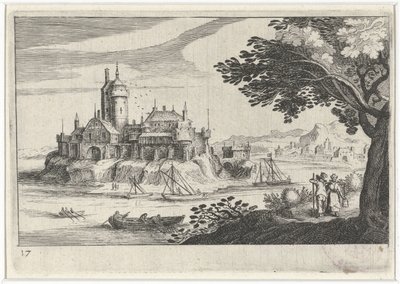 Kopcovitá krajina s hradem na ostrově Jihoevropské krajiny (název série) Topographia variarum regionum (název série) od Simon Frisius