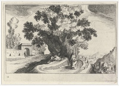 Kopcovitá krajina s milováním pod stromem Jihoevropské krajiny (název série) Topographia variarum regionum (název série) od Simon Frisius