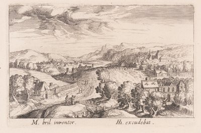 Kopcovitá krajina se třemi páry z knihy Topographia Variarum Regionum od Simon Frisius