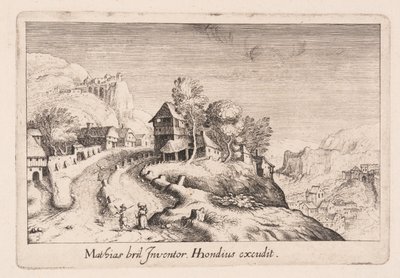 Krajina s cestou na horu přes vesnici, z knihy Topographia Variarum Regionum od Simon Frisius
