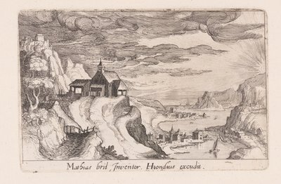 Krajina s údolím řeky a kostelem na kopci, z knihy Topographia Variarum Regionum od Simon Frisius