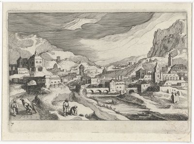 Panoráma města v údolí řeky Jihoevropské krajiny (název série) Topographia variarum regionum (název série) od Simon Frisius