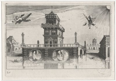 Panoráma města s Ikarem a Daedalem Jihoevropské krajiny (název série) Topographia variarum regionum (název série) od Simon Frisius