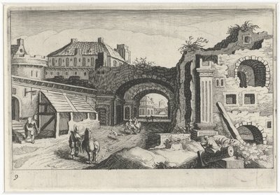 Panoráma města s ruinou Jihoevropské krajiny (název série) Topographia variarum regionum (název série) od Simon Frisius