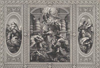 Jakub I. jmenoval Karla skotským králem v centru, Minerva oštěpovala Nevědomost v ri..., 1720. od Simon Gribelin