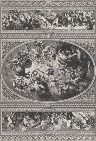 Apoteóza Jakuba I. v oválu uprostřed, vlysy s putti a girlandami na obou ..., 1720. od Simon Gribelin