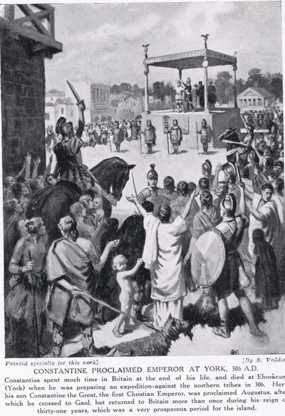 Constantine prohlásil císaře v Yorku, 306 n. l., ilustrace z „Hutchinsonových dějin národů“, kolem roku 1910 od Simon Harmon Vedder