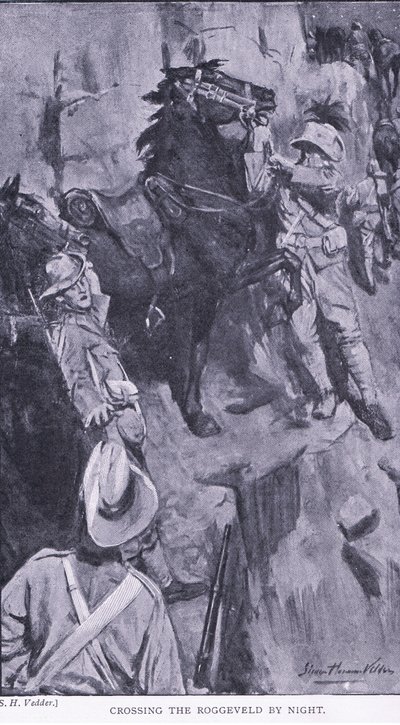 Crossing the Roggeveld by night, z After Pretoria: The Guerilla War vydané Harmsworth Brothers Limited, 1901 od Simon Harmon Vedder