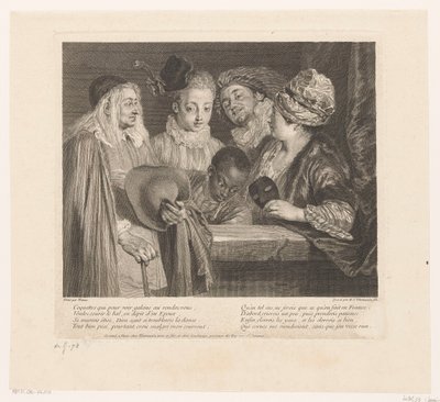 Gezelschap van vijf herci bij een parapet Kokety Dílo Antoine Watteau (název série) Dílo Antoina Watteaua, malíře krále v jeho Královské akademii malířství a sochařství (...) (název série) od Simon Henri Thomassin