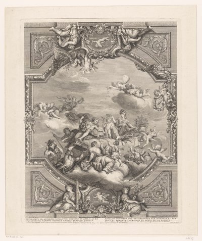 Stropní malba ve Versailles: Apollo rozdává odměny umění a vědám, Minerva korunuje génia Francie od Simon Henri Thomassin