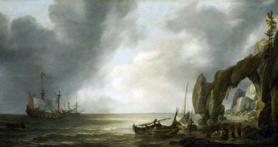 Holandské válečné lodě kotví u skalnatého pobřeží, několik členů posádky se vyloďuje na břehu a shromažďuje se kolem rybářských košů. od Simon Jacobsz. Vlieger