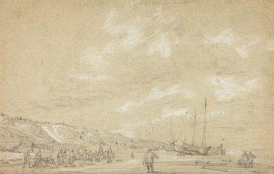 Rybáři sušící sítě na pláži Scheveningen od Simon Jacobsz. Vlieger