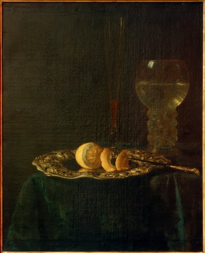 Banketové zátiší se stříbrným talířem, citrony, římskou a flétnou od Simon Luttichuys