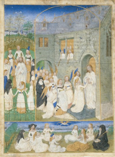 Svaté Panny pozdravené Kristem, když vstupují do bran ráje, ca. 1467-70. od Simon Marmion