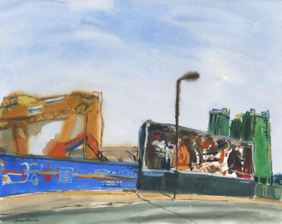 Stavební zóna a billboard (akvarel a kvaš na papíře) od Simon Neville