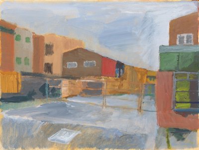 Předzahrádka a budovy, 2025 (akryl na plátně) od Simon Neville