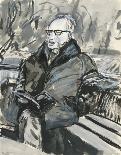 Muž čtoucí knihu, 2019 (tuš a akrylové barvy na papíře) od Simon Neville