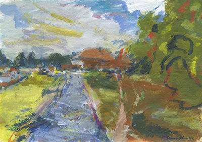 Pavlač a zkratka k domům, 2024 (akryl, akvarel, akvarelové tužky a olejový pastel na papíře) od Simon Neville