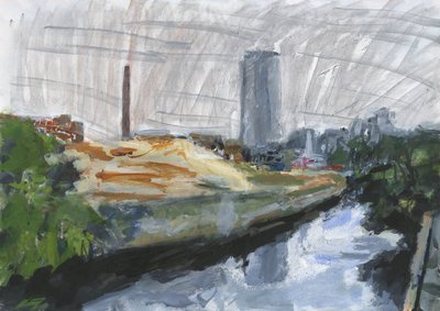 River Wandle and Ram Brewery redevelopment site, Wandsworth, 2025 (akryl, akrylové barvy, indické inkousty, olejové inkousty a grafit na papíře) od Simon Neville