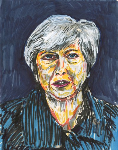 Theresa May, 2019 (tuš a akrylové barvy na papíře) od Simon Neville
