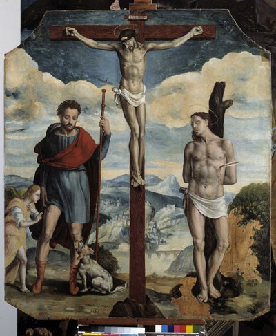 Ukřižování se sv. Rochem a sv. Šebestiánem (olej na dřevě) od Simon de Châlons