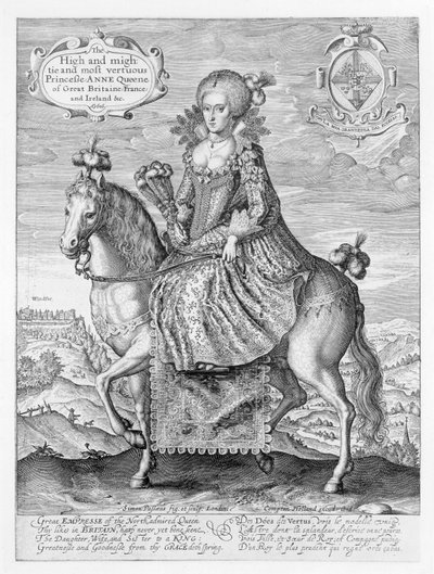 Jezdecký portrét Anny Dánské (1574-1619) vyrytý umělcem, hospoda. Compton Holland, 1616 od Simon de Passe