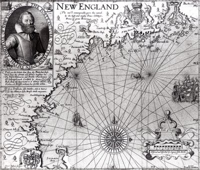 Mapa pobřeží Nové Anglie, kterou pozoroval a popsal kapitán John Smith (1580-1631) 1614, z „Generall Historie“, 1624 od Simon de Passe