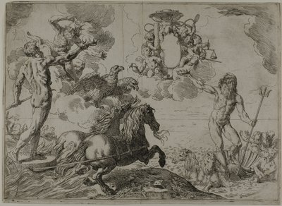 Jupiter, Neptun a Pluto nabízejí své koruny do náručí kardinála Borghese od Simone Cantarini