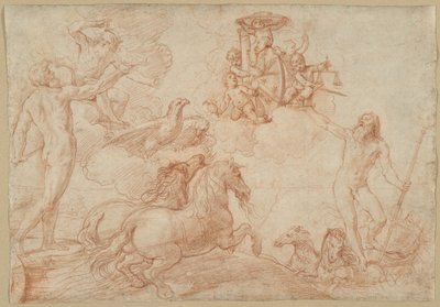 Jupiter, Neptun a Pluto vzdávají hold erbu kardinála Borghese od Simone Cantarini
