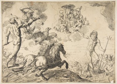 Jupiter, Neptun a Pluto nabízejí své koruny do náručí kardinála Borghese, 1642-43. od Simone Cantarini