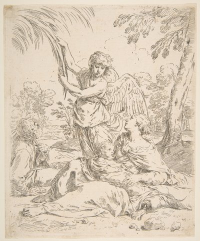 Odpočívej v Egyptě, Marie kojí malého Krista, zatímco anděl tahá za větve stromů, ca. 1639. od Simone Cantarini