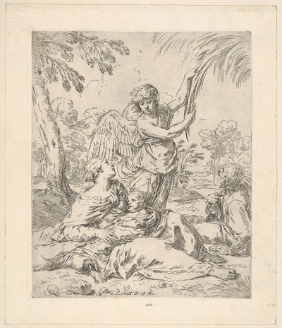 Odpočívej v Egyptě, Marie kojí malého Krista, zatímco anděl tahá za větev stromu..., asi 1630-1648. od Simone Cantarini