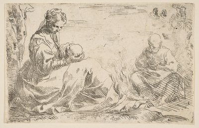 Odpočívej na útěku do Egypta, Marie drží a dívá se na malého Krista, zatímco sv..., ca. 1637. od Simone Cantarini