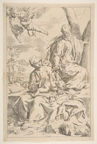 Odpočívej na útěku do Egypta, Marie drží malého Krista, zatímco svatý Josef podává h..., ca. 1639. od Simone Cantarini