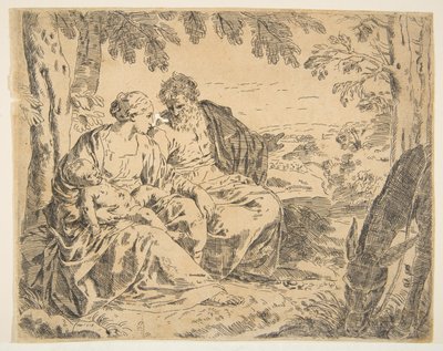 Odpočívej na útěku do Egypta, Marie drží malého Krista, zatímco sv. ..., ca. 1637-1639 nebo později. od Simone Cantarini