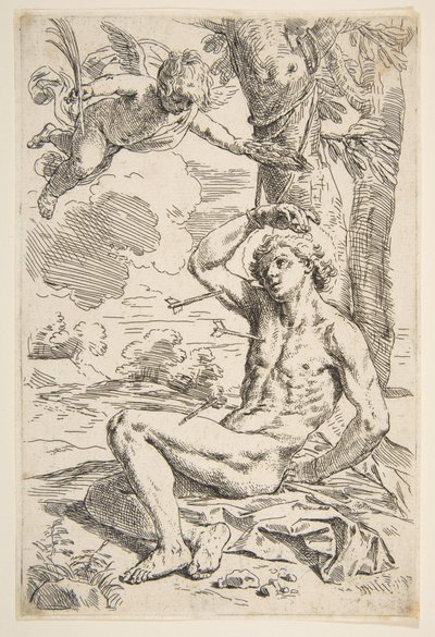 Svatý Sebastián probodnutý šípy a přivázaný ke stromu, ca. 1639. od Simone Cantarini